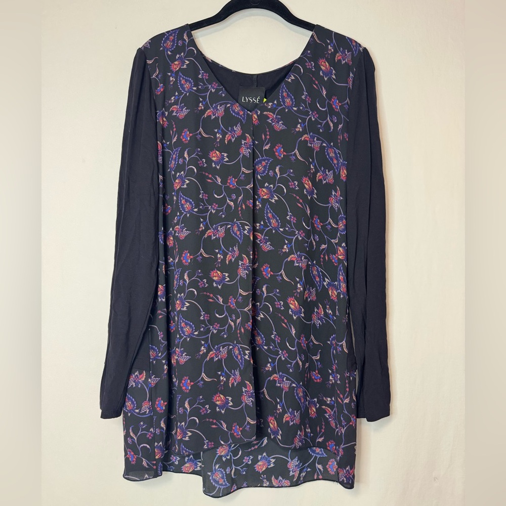 Lysse Women's Black Floral V Neck Long Sleeve Tunic Top Size XL